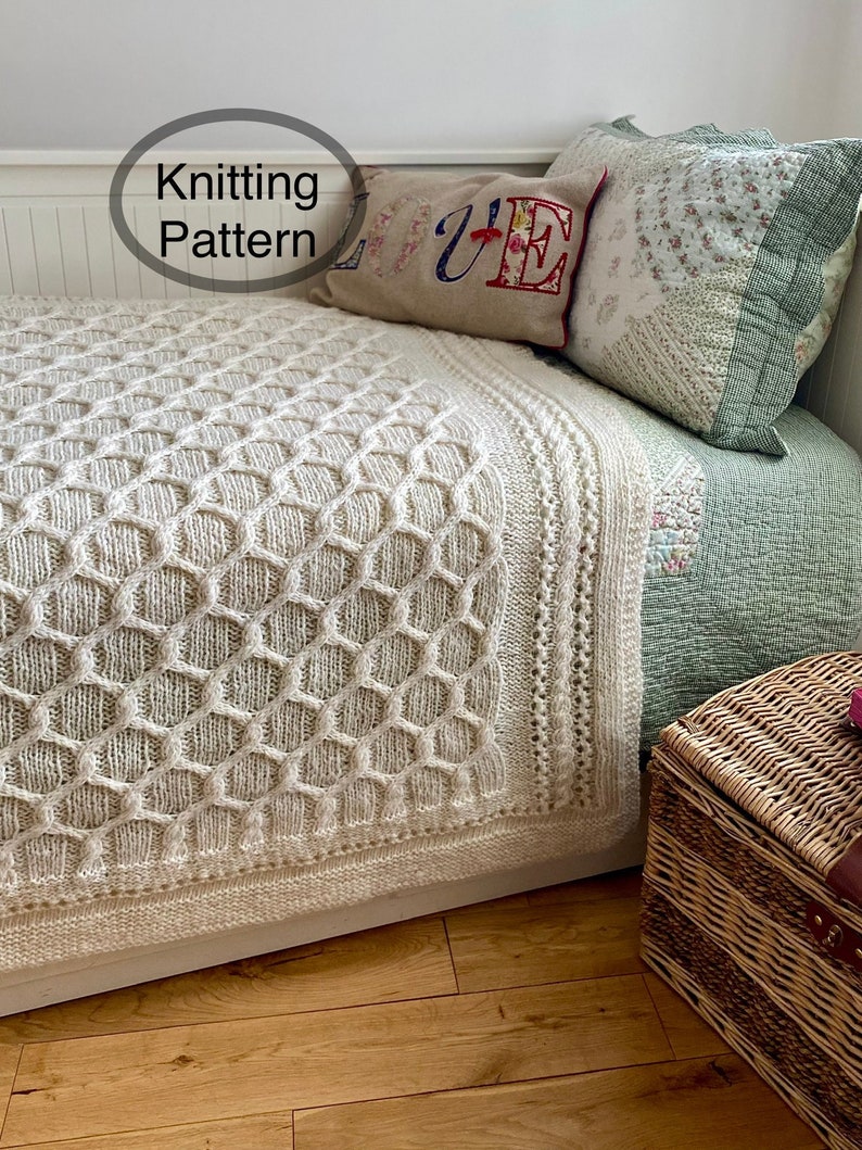 PDF knitting pattern ONLY.Cabled Trellis Blanket.Hand knitted chunky blanket,bedspread,throw.Cable knitting.Charts and written instructions. zdjęcie 1