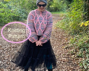 PDF knitting pattern in English only.Mosaic Crop Pullover knitting pattern.Hand knitted chunky colourful Pulover, sweater knitting pattern.