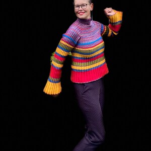 Pdf knitting pattern.Hand knitted colourful,chartreuse,red,yellow,colour block jumper sweater, pullover knitting pattern.Bell,flared sleeves image 4