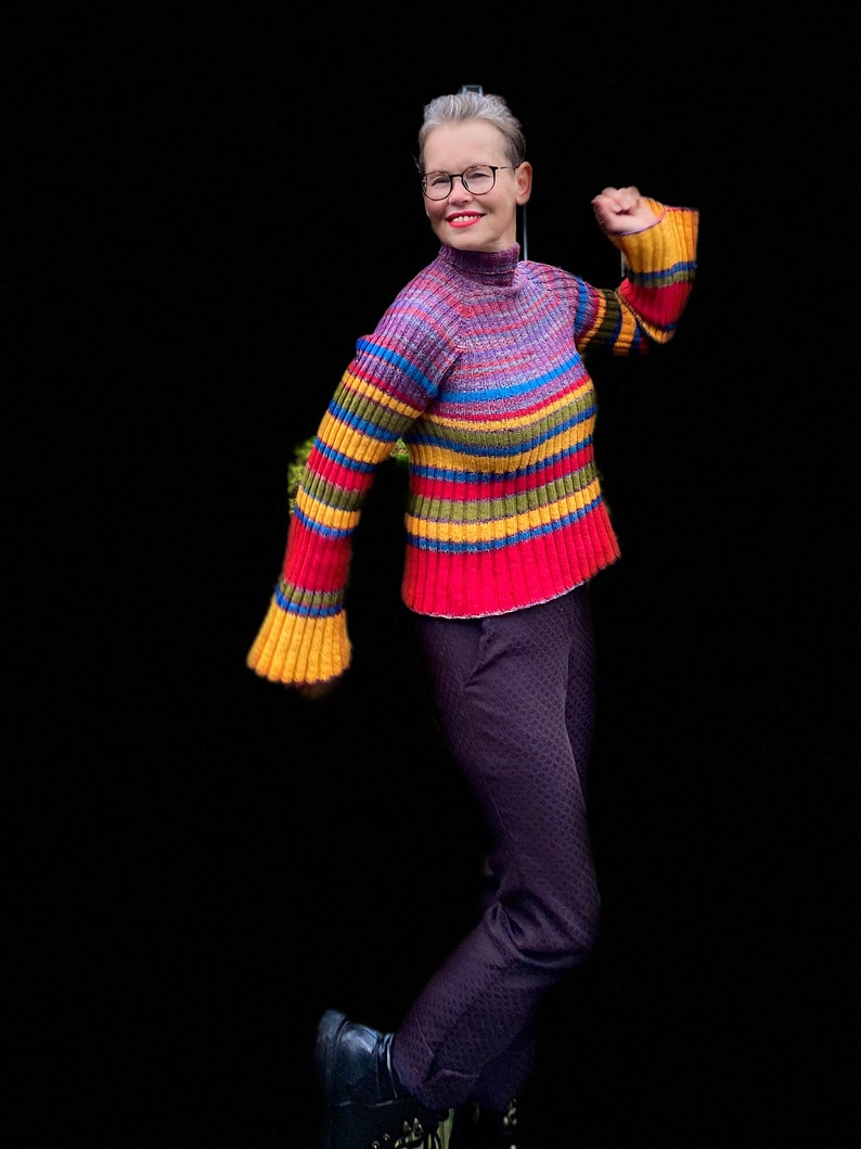 Pdf knitting pattern.Hand knitted colourful,chartreuse,red,yellow,colour block jumper sweater, pullover knitting pattern.Bell,flared sleeves image 4