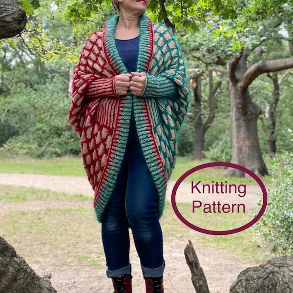 PDF knitting pattern in English only.Hand knitted chunky oversized Cardigan pattern.Easy knitting instructions,chart and pictures.
