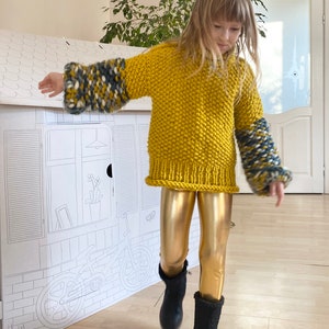 PDF KNITTING pattern only.Oversized hand knitted sweater for girl.Chunky puff knitting.Multicolour chartreuse, colour block knitting. image 6