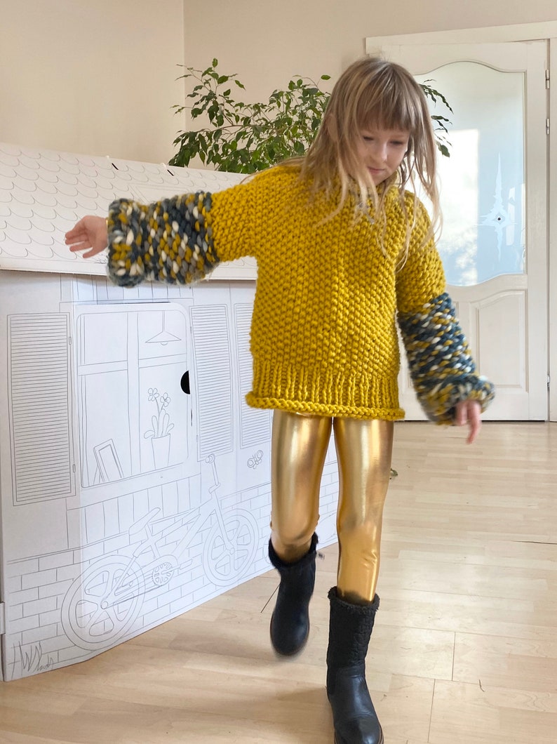 PDF KNITTING pattern only.Oversized hand knitted sweater for girl.Chunky puff knitting.Multicolour chartreuse, colour block knitting. image 6