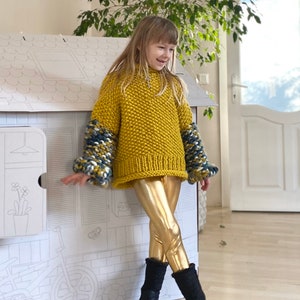 PDF KNITTING pattern only.Oversized hand knitted sweater for girl.Chunky puff knitting.Multicolour chartreuse, colour block knitting. image 7