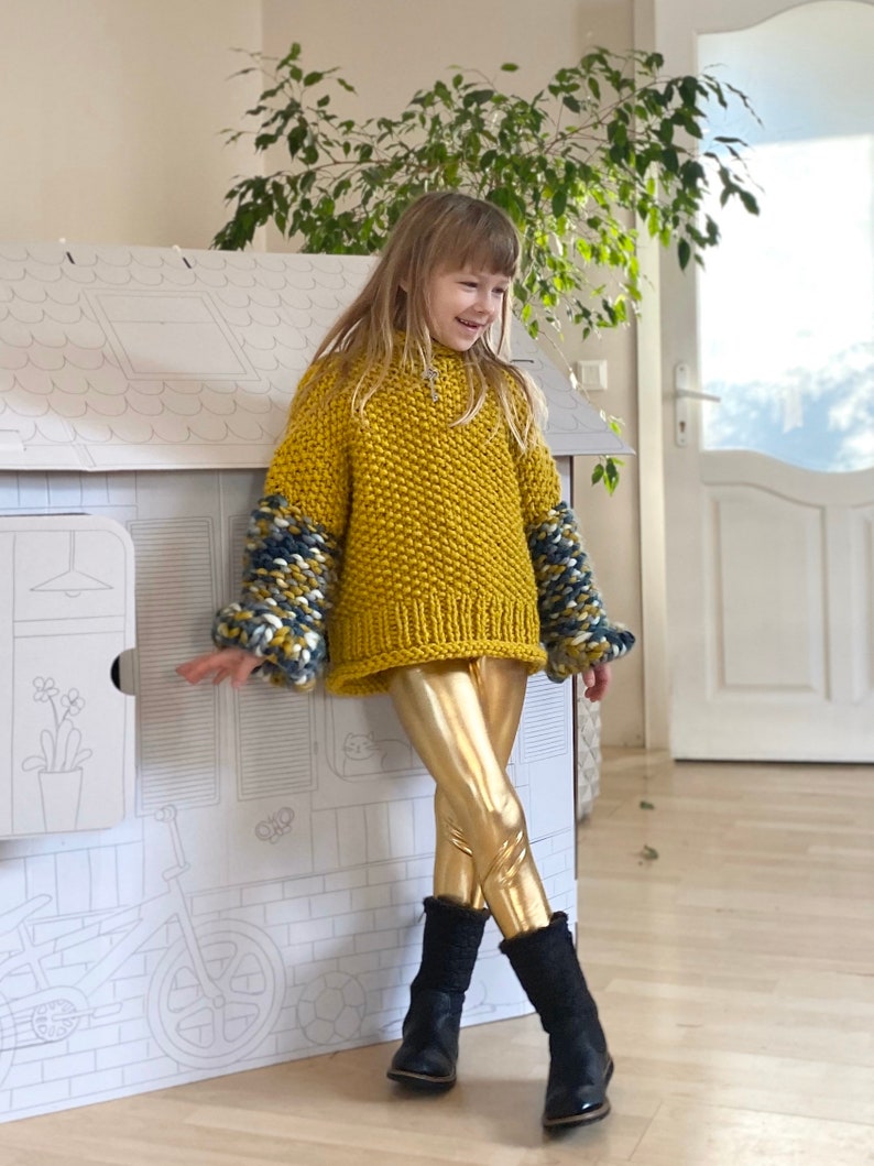 PDF KNITTING pattern only.Oversized hand knitted sweater for girl.Chunky puff knitting.Multicolour chartreuse, colour block knitting. image 7