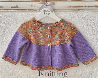 Pdf KNITTING pattern in English only.Hand knitted cardigan for girl.Knitting pattern for newborn to three years. 6 sizes.Knitted top down.