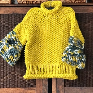 PDF KNITTING pattern only.Oversized hand knitted sweater for girl.Chunky puff knitting.Multicolour chartreuse, colour block knitting. image 10