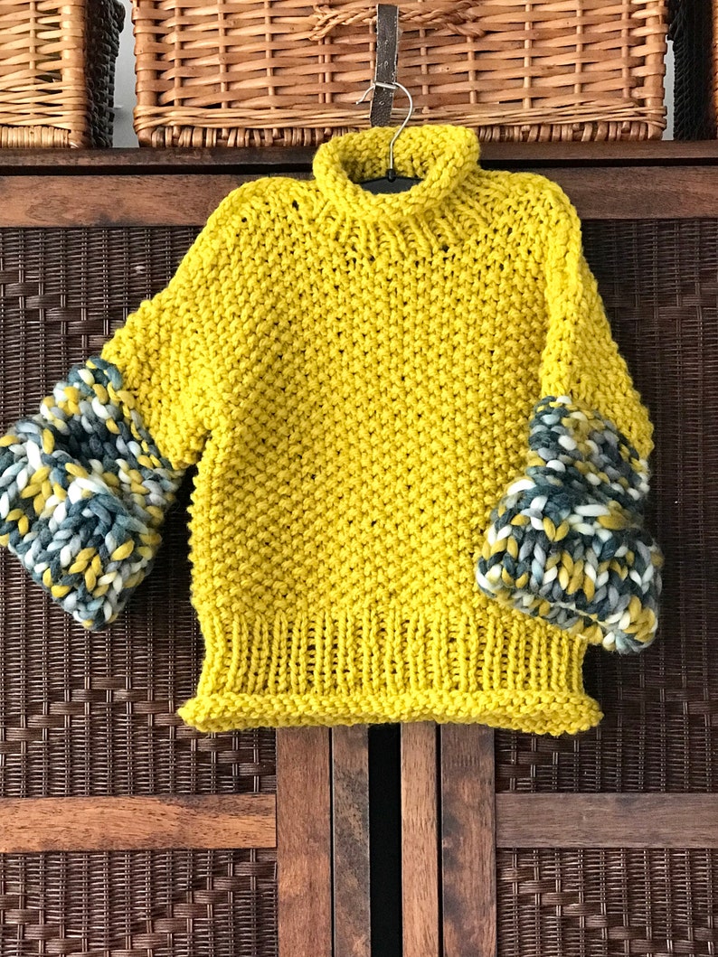 PDF KNITTING pattern only.Oversized hand knitted sweater for girl.Chunky puff knitting.Multicolour chartreuse, colour block knitting. image 10