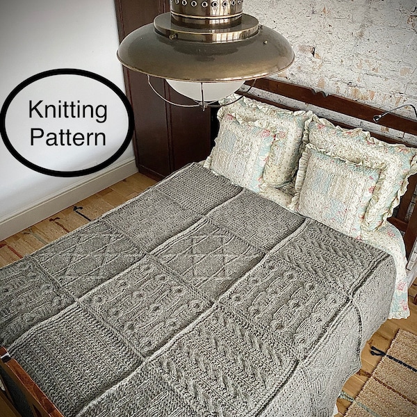 PDF knitting pattern in English only.Hand knitted granny squares knitted afghan,bedspread,bed cover,blanket.Home,bedroom decor.Housewarming.