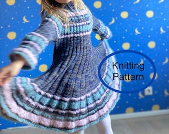 PDF KNITTING pattern in English only.Rib dress knitting pattern for girl. Seamless,knitted top down.Easy to follow chart and instructions.