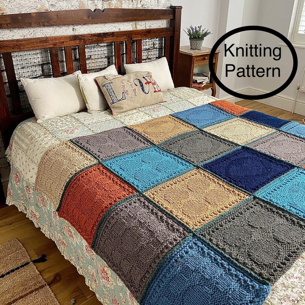 PDF knitting pattern only.Hand knitted Throw/Afghan/Blanket.Easy to follow chart,instructions,diagram.Beginner,multicolour,block knitting.