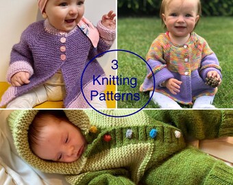 3 sets of PDF knitting patterns for baby/toddler in English.2 Jackets and 1 Romper.Easy to follow knitting instructions.Multiply sizes.