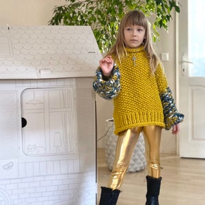 PDF KNITTING pattern only.Oversized hand knitted sweater for girl.Chunky puff knitting.Multicolour chartreuse, colour block knitting. image 2
