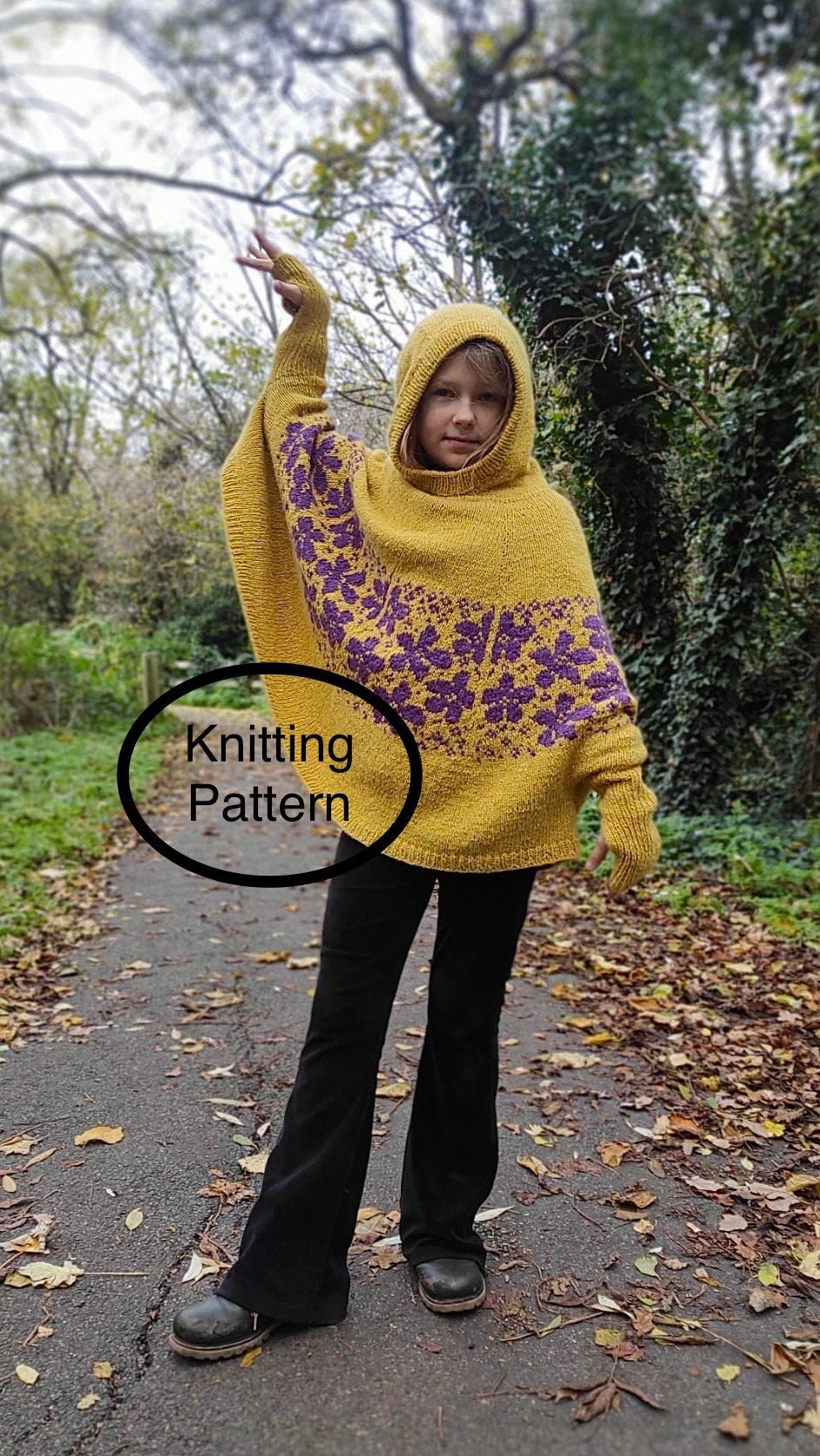 PDF knitting pattern in English only.HOODY PONCHO.Sizes 9-11 & 11-13 yrs.Hand knitted poncho,seamless,knitted top down.Chart,instructions.