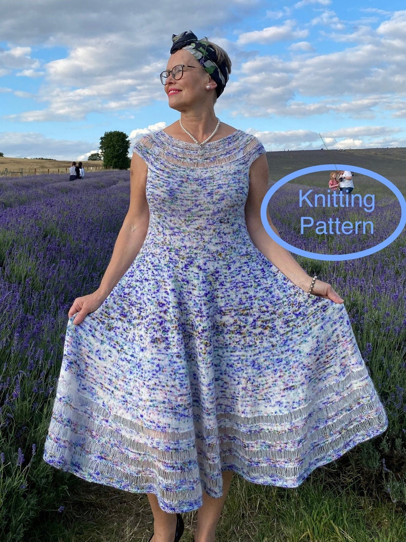 PDF KNITTING pattern.The Lavender Field Dress knitting pattern.Sizes S, M, L.Outfit for any occasion.Knitted top down,seamless. image 1