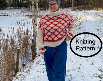 PDF knitting pattern in English only.Size M/L.Grimaldi Pullover.Chunky,light,airy colourful sweater,knitted bottom up,using  basic stitches.