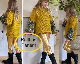 PDF BREIpatroon alleen in het Engels.Oversized handgebreide trui voor meisjes.Chunky bladerdeegbreien.chartreuse, colour block breien.