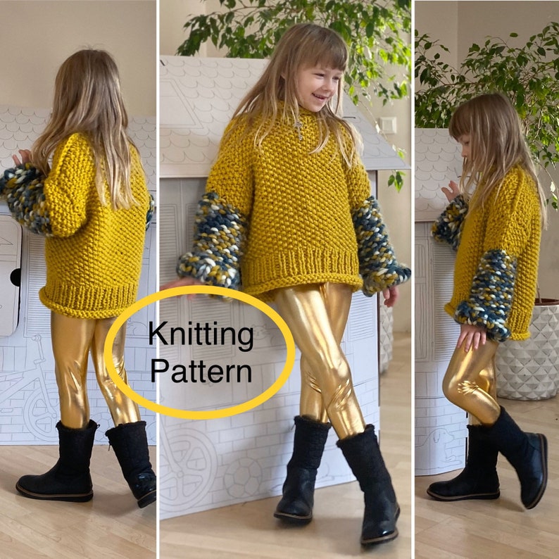 PDF KNITTING pattern only.Oversized hand knitted sweater for girl.Chunky puff knitting.Multicolour chartreuse, colour block knitting. image 1