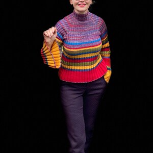 Pdf knitting pattern.Hand knitted colourful,chartreuse,red,yellow,colour block jumper sweater, pullover knitting pattern.Bell,flared sleeves image 2