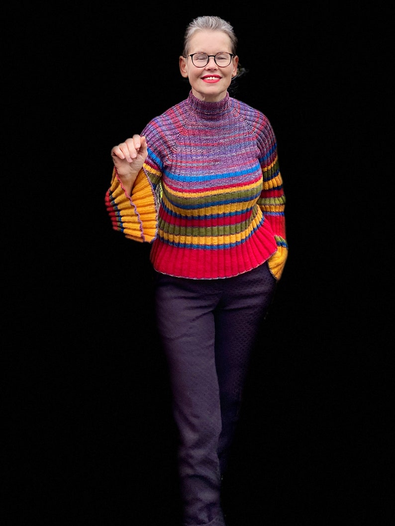 Pdf knitting pattern.Hand knitted colourful,chartreuse,red,yellow,colour block jumper sweater, pullover knitting pattern.Bell,flared sleeves image 2