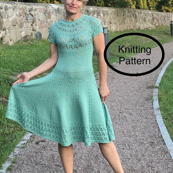 PDF KNITTING pattern size M only. The Green Lagoon Dress knitting pattern.Knitted top down,short sleeve,turtleneck,lace yoke,seamless dress.