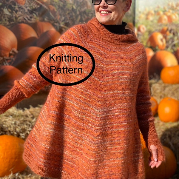 PDF knitting pattern only.Rustic Hoody Poncho Sweater Knitting pattern.One size-oversize.Flattering look for any body shape.Thumbhole cuffs