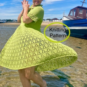 PDF knitting pattern only.Gathered Collared Dress knitting pattern.Sizes S/M, L/XL.Seamless,knitted top down,collared,gathered,lace skirt.