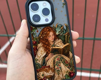 Reading Girl and Dragon iPhone 18 Pro Max Case, Bookish Art Cover for iPhone 17 Pro Max 16 15 MagSafe, Samsung S26 S25 Ultra Pixel 10 Pro