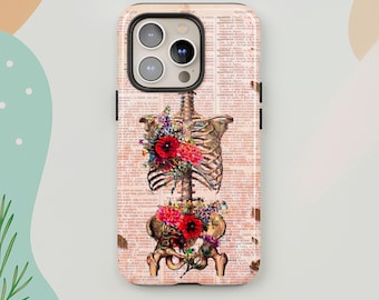 Floral Skeleton iPhone 17 Pro Max Case, Vintage Skull Flower Phone Cover for iPhone 16 with MagSafe, Gothic Aesthetic Samsung S25 S26