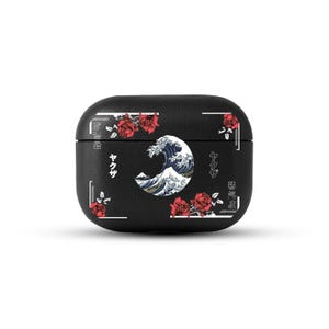 Japanese Wave AirPods Pro Eco Leather Case, Yakuza Rose Personalized AirPods Cover, Aesthetic Art AirPods Case