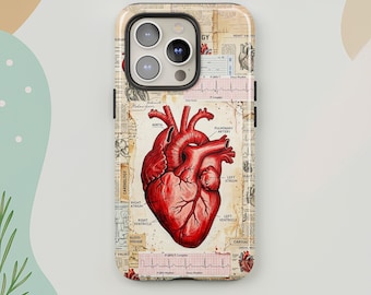 Vintage Anatomy Heart iPhone Case, Medical Collage Phone Cover for iPhone 17 16 15 Pro Max, Cardiology Design Samsung S25 S26 Ultra