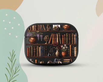 Vintage Bookshelf AirPods Pro 3 Eco Leather Case, Dark Academia AirPods Cover, Library Aesthetic AirPods Case