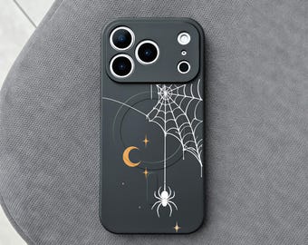 Spider Web iPhone 18 Pro Max Case, Moon Spider Halloween Phone Cover for iPhone 17 with MagSafe, Minimal Gothic Design Case