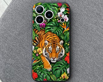 Tiger iPhone 18 Pro Max Case, Jungle Big Cat Tropical Floral Cover for iPhone 17 Pro Max 16 15 MagSafe, Samsung S26 S25 Ultra Pixel 10 Pro
