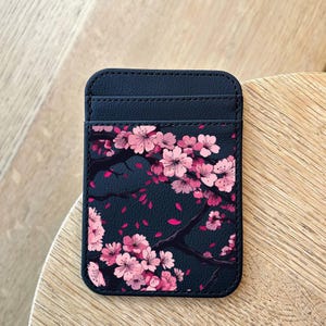 Cherry Blossom Leather Card Holder – Slim Wallet with Sakura Floral Art, Pink Flower Pattern, Japanese Inspired Leather Card Case for Women