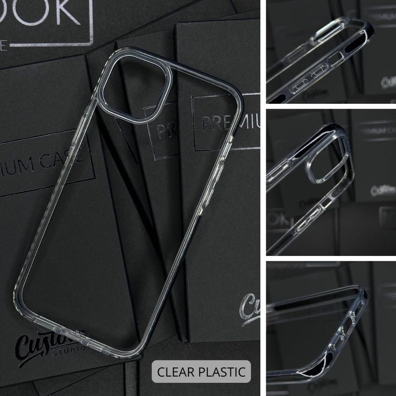 May include: A clear plastic phone case for an iPhone. The case is shown on a black background with the words "Custom Studio" and "Clear Plastic" printed on the background.
