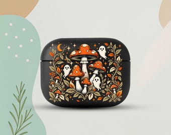 Mushroom Ghost AirPods 5 Eco Leather Case, Orange Toadstool AirPods Cover, Spooky Forest AirPods Case
