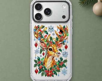 Stained Glass Reindeer iPhone 18 Pro Max Case, Christmas Deer Cover for iPhone 17 Pro Max 16 15 MagSafe, Samsung S26 S25 Ultra Pixel 10 Pro