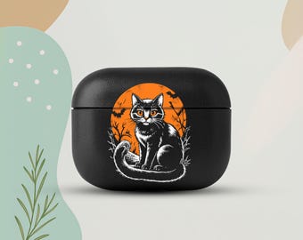 Black Cat AirPods 5 Eco Leather Case, Orange Moon AirPods Cover, Halloween Gothic AirPods Case