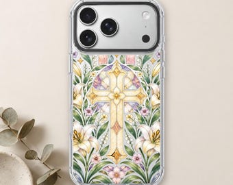 Stained Glass Cross iPhone 18 Pro Max Case, Easter Lily Faith Cover for iPhone 17 Pro Max 16 15 MagSafe, Samsung S26 S25 Ultra Pixel 10 Pro