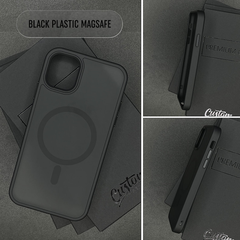 May include: Black plastic phone case with a built-in magnetic ring for wireless charging. The case has a raised lip around the camera lens and buttons. The case is on a black surface with the text "Custom" printed on it.