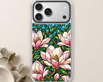 Magnolia iPhone 18 Pro Max Case, Stained Glass Pink Blossom Cover for iPhone 17 Pro Max 16 15 MagSafe, Samsung S26 S25 Ultra Pixel 10 Pro