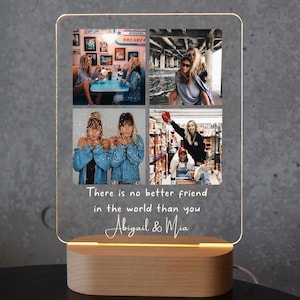 The image is a collage of four photos, each depicting different people in various settings. The collage is displayed on a wooden stand, and there is a quote written in white text at the bottom of the image that reads, "There is no better friend in the world than you, Abigail & Mia".