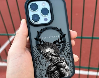 Spartan Warrior iPhone 17 Pro Max Case, Greek Helmet Art Phone Cover for iPhone 16 MagSafe, Stoic Case Samsung S26 Pixel