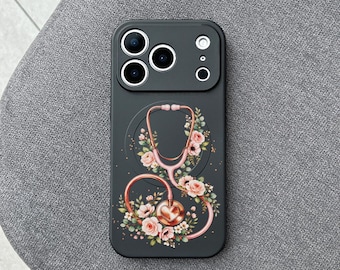 Floral Stethoscope iPhone 17 Pro Max Case, Nurse Aesthetic Phone Cover for iPhone 16 with MagSafe, Doctor Gift for Her