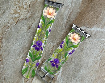 Botanical Apple Watch Series 11 Band 40 41 42mm, Iris Floral iWatch Strap 44 45 46 49mm, Garden Watch Band