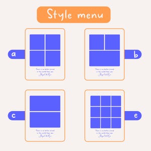 The image is a style menu with four different square designs, each with a different color and a caption below it.