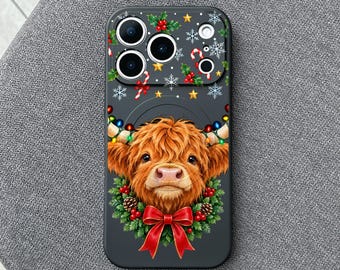 Christmas Highland Cow iPhone 18 Pro Max Case, Holiday Lights Cover for iPhone 17 Pro Max 16 15 MagSafe, Samsung S26 S25 Ultra Pixel 10 Pro