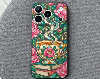 Tea and Books Stained Glass iPhone 18 Pro Max Case, Cozy Art Cover for iPhone 17 Pro Max 16 15 MagSafe, Samsung S26 S25 Ultra Pixel 10 Pro