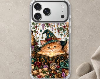 Wizard Cat Spellbook iPhone 18 Pro Max Case, Bookish Magic Cover for iPhone 17 Pro Max 16 15 MagSafe, Samsung S26 S25 Ultra Pixel 10 Pro
